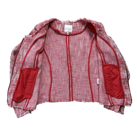 Joie Collis Tweed Twill Fringe Blazer Jacket Womens M Fitted Full Zip Red Cotton - Picture 5 of 9
